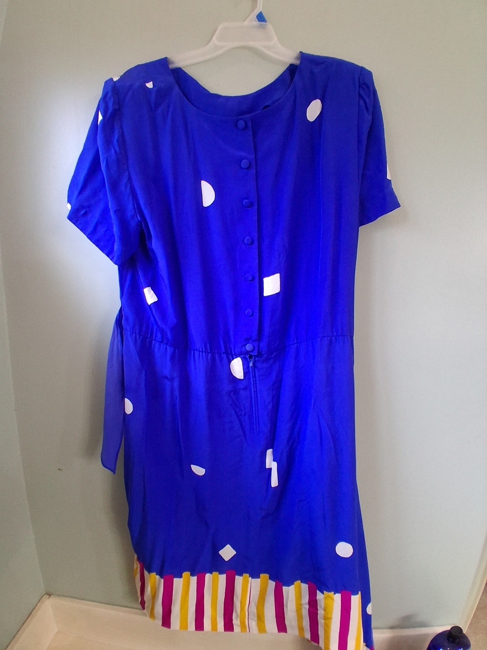 Maggy London Royal Blue Midi Dress with White Polka Accents and Multicolor Hem